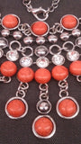 Necklace & Earring Set, Pink Orange Coral Silver Beads White Crystals - Roadshow Collectibles