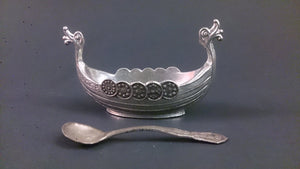 Viking Ship Salt Cellar Pewter, Spoon Sterling Silver, Bergen Norway - Roadshow Collectibles