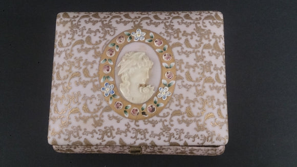 Porcelain Jewellery Box, Cameo, Oval Floral Relief Design, Gold Leaves - Roadshow Collectibles