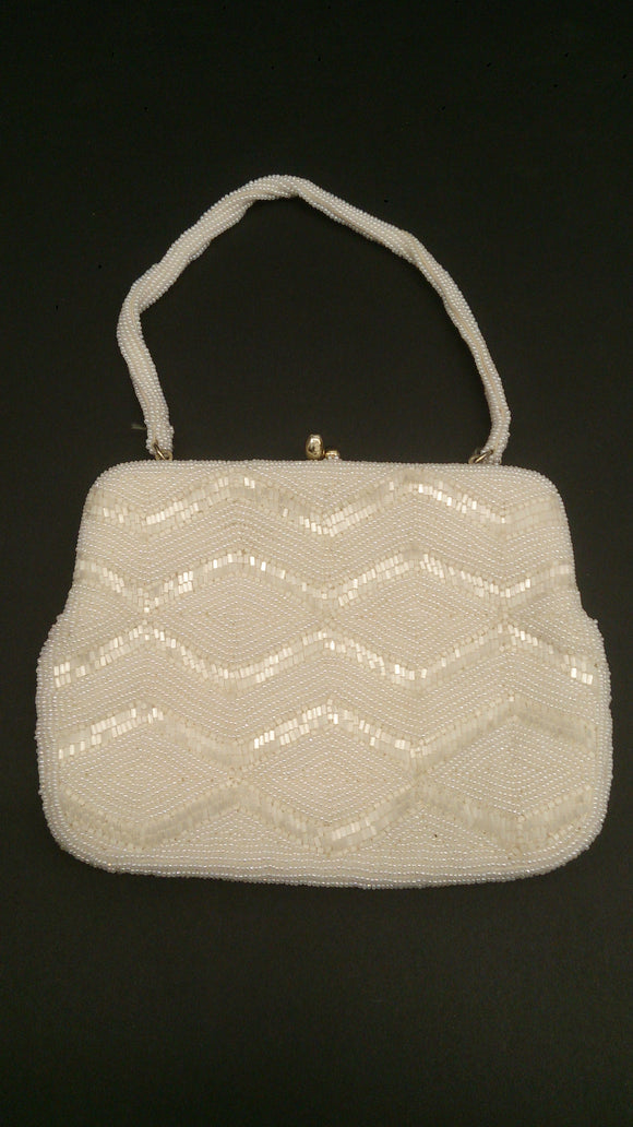 Art Deco Women's White Hand Beaded Evening Clutch Purse Zig-Zag Design - Roadshow Collectibles