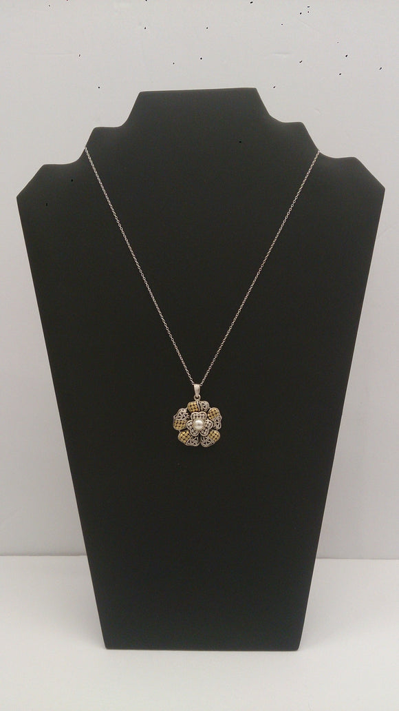 Sterling Silver GP Necklace Stylized Flower Design Pearl Center Piece - Roadshow Collectibles