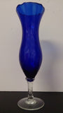 Cobalt Blue Art Glass Trumpet Vase Clear Glass Short Stem & Round Base - Roadshow Collectibles