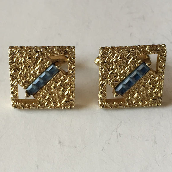 Cufflinks, Square Shaped, Gold Tone, Eight Square Blue Coloured Stones - Roadshow Collectibles