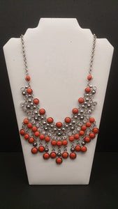 Necklace & Earring Set, Pink Orange Coral Silver Beads White Crystals - Roadshow Collectibles